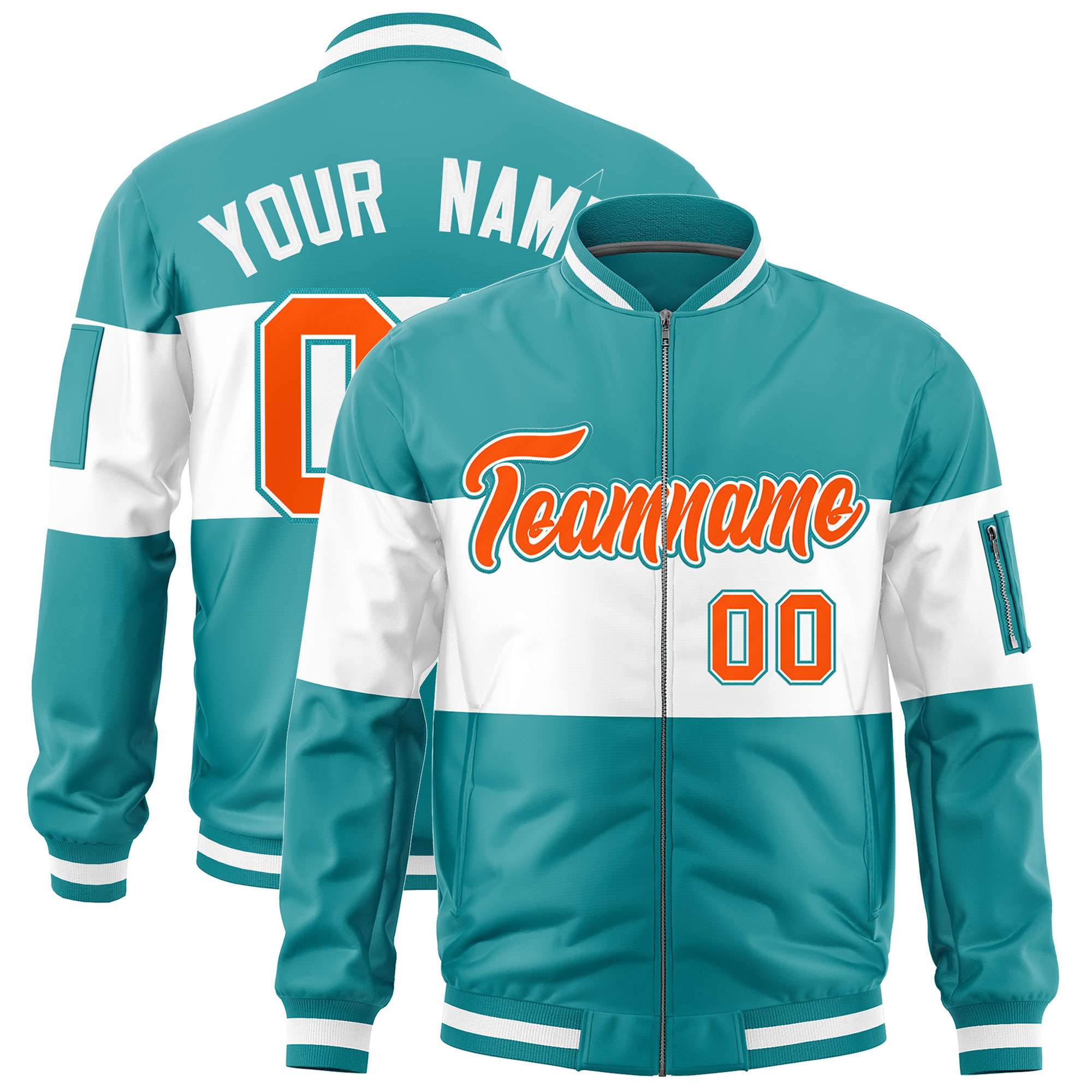 Custom Aqua White-Aqua Varsity Full-Zip Color Block Letterman Bomber Jacket