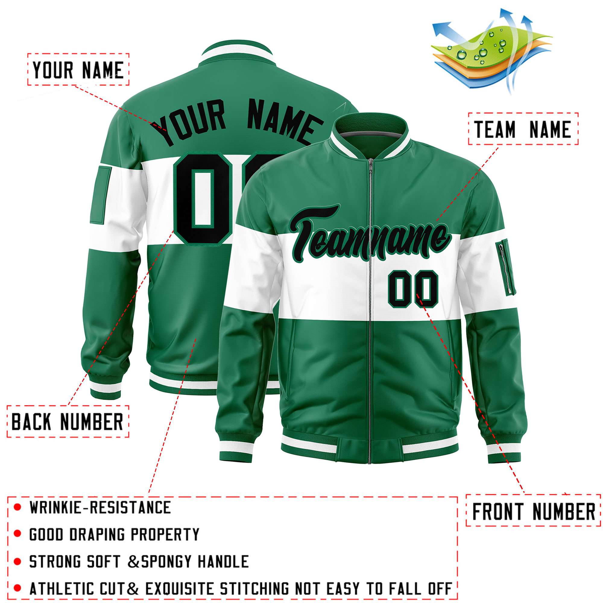 Custom Kelly Green White-Kelly Green Varsity Full-Zip Color Block Letterman Bomber Jacket