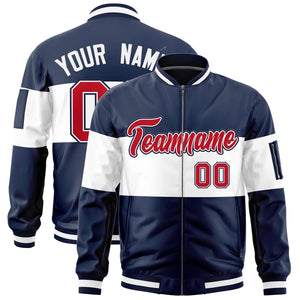 Custom Navy White-Navy Varsity Full-Zip Color Block Letterman Bomber Jacket