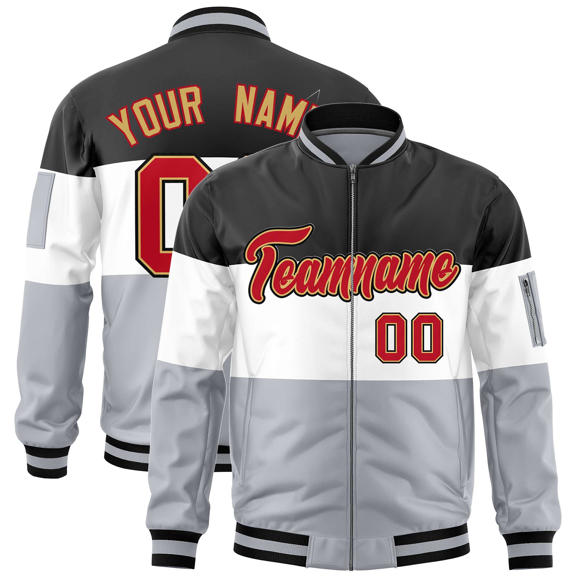 Custom Black White-Silver Varsity Full-Zip Color Block Letterman Bomber Jacket