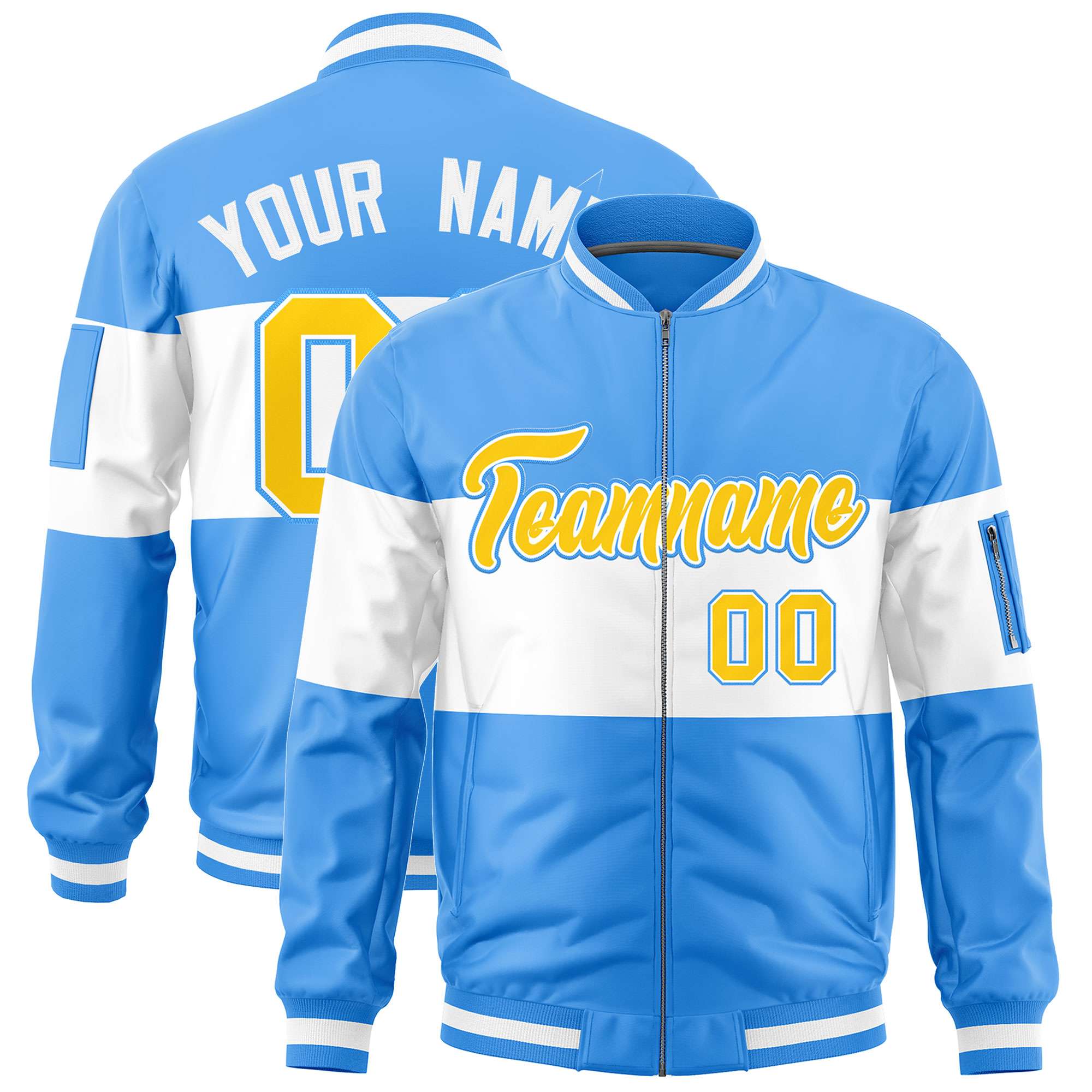 Custom Powder Blue White-Powder Blue Varsity Full-Zip Color Block Letterman Bomber Jacket