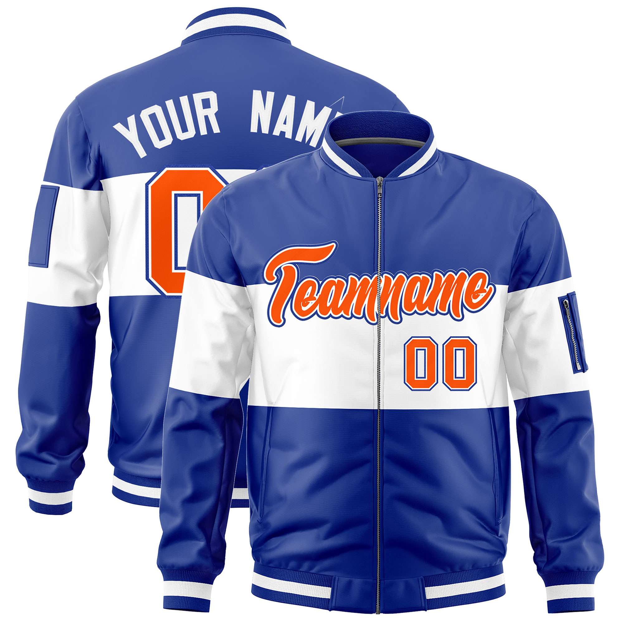 Custom Royal White-Royal Varsity Full-Zip Color Block Letterman Bomber Jacket