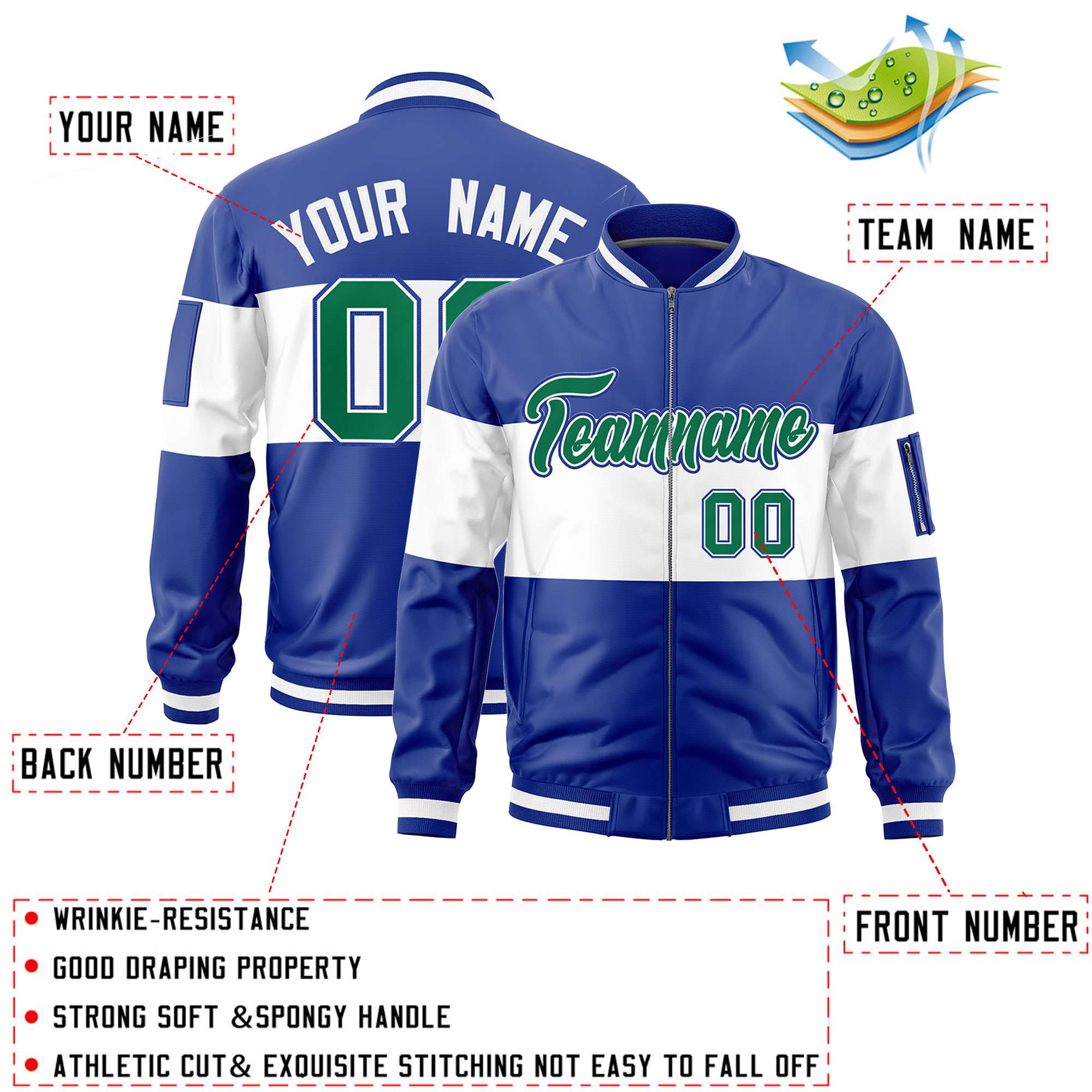 Custom Royal White-Royal Varsity Full-Zip Color Block Letterman Bomber Jacket