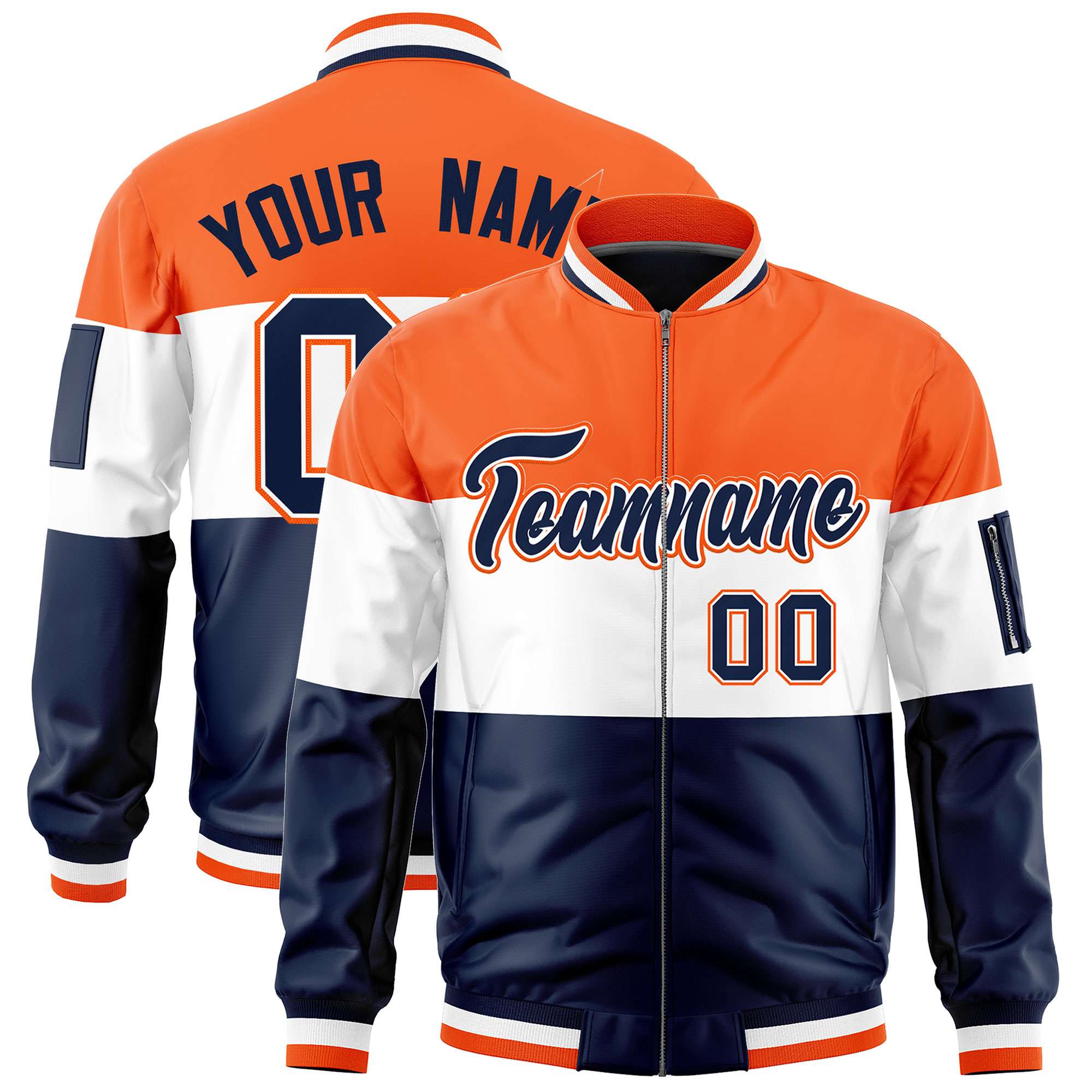 Custom Navy White-Orange Varsity Full-Zip Color Block Letterman Bomber Jacket