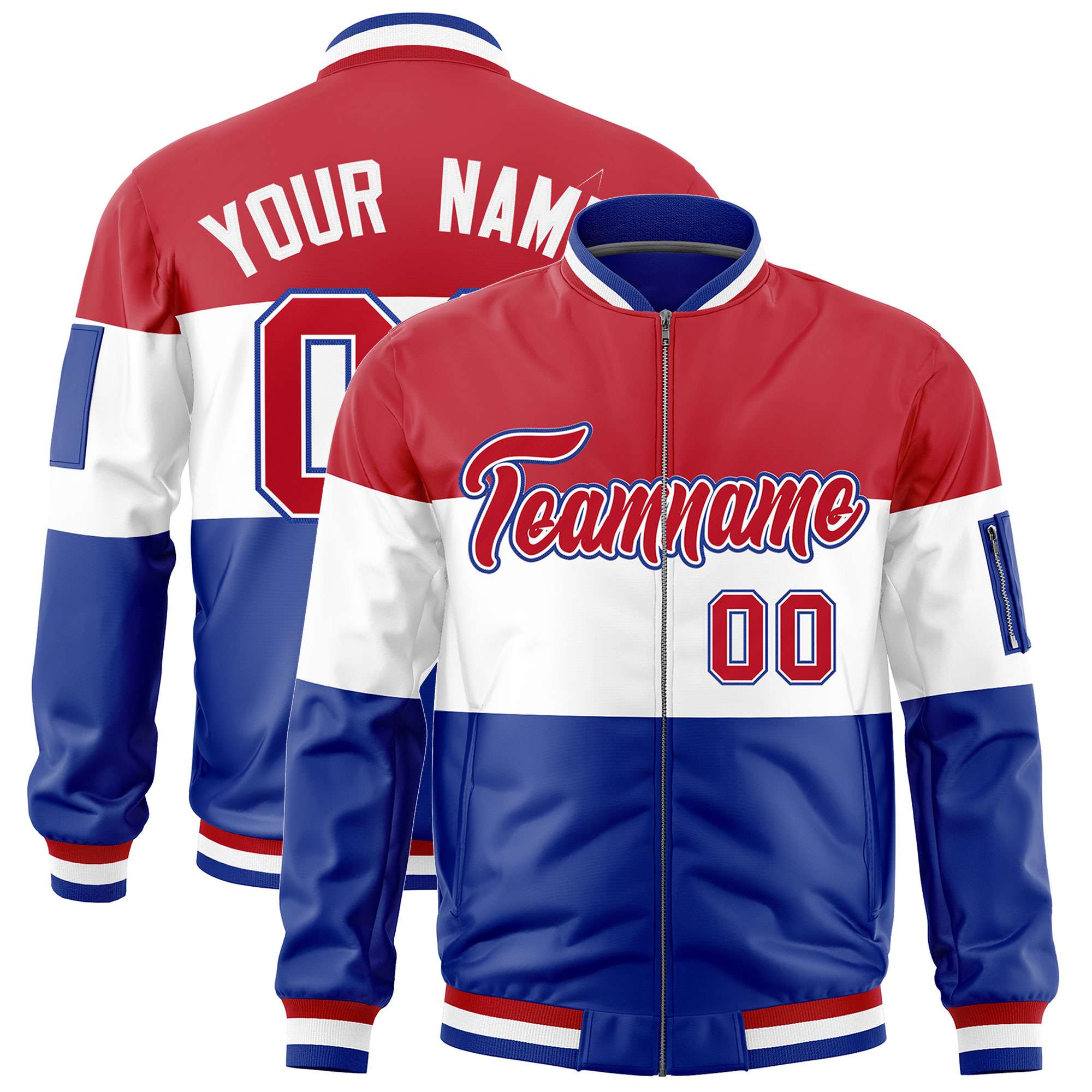 Custom Red White-Royal Varsity Full-Zip Color Block Letterman Bomber Jacket