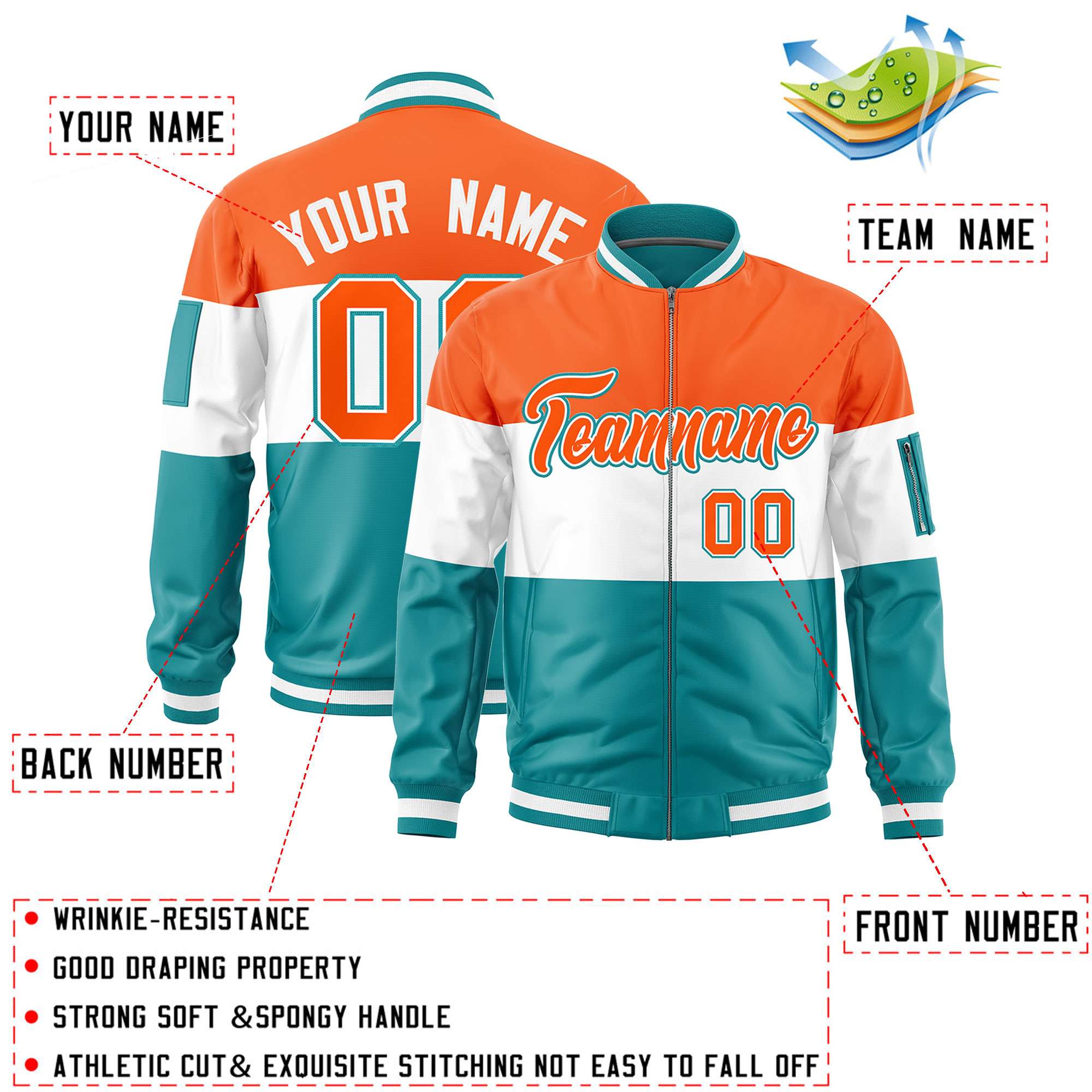 Custom Orange White-Aqua Varsity Full-Zip Color Block Letterman Bomber Jacket