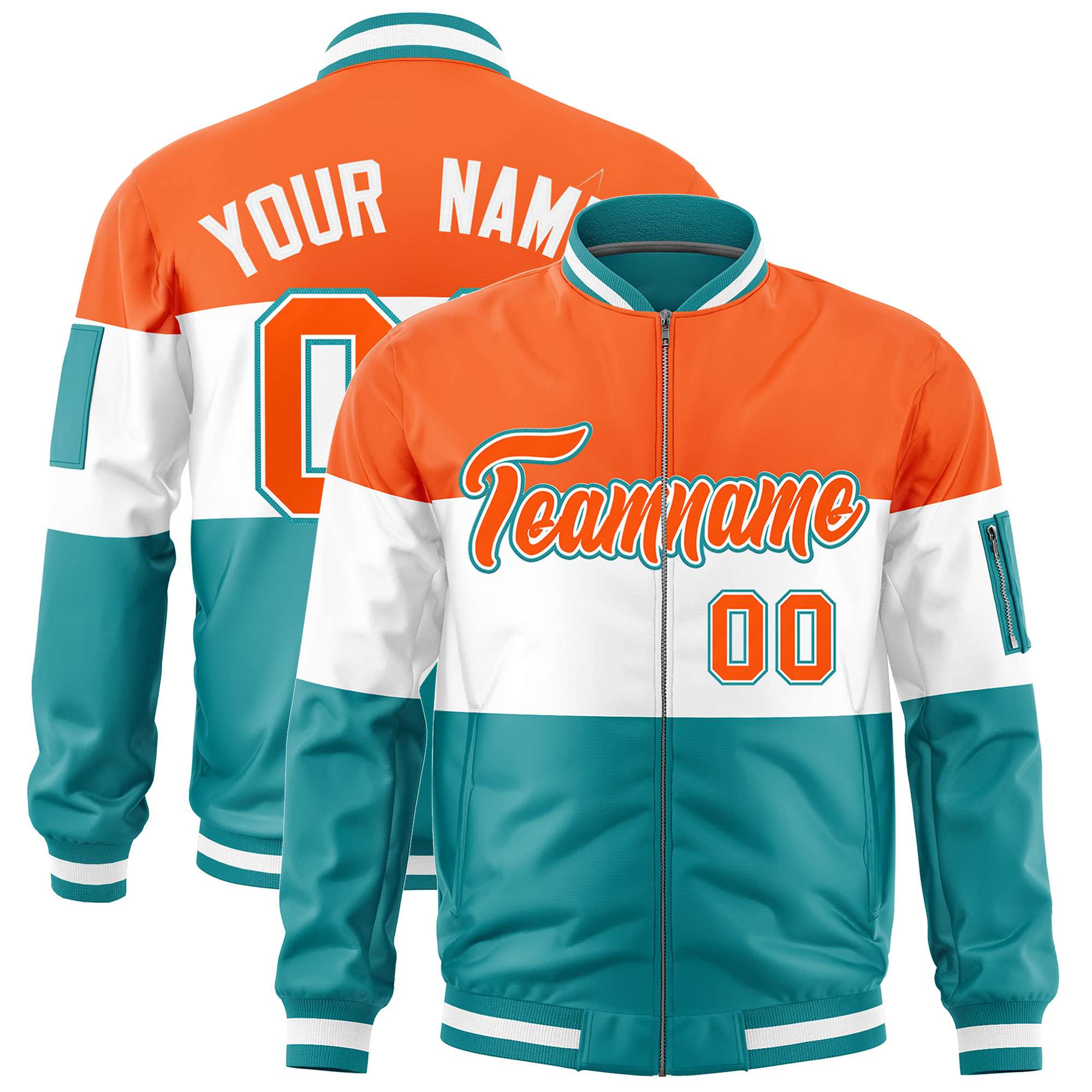 Custom Orange White-Aqua Varsity Full-Zip Color Block Letterman Bomber Jacket