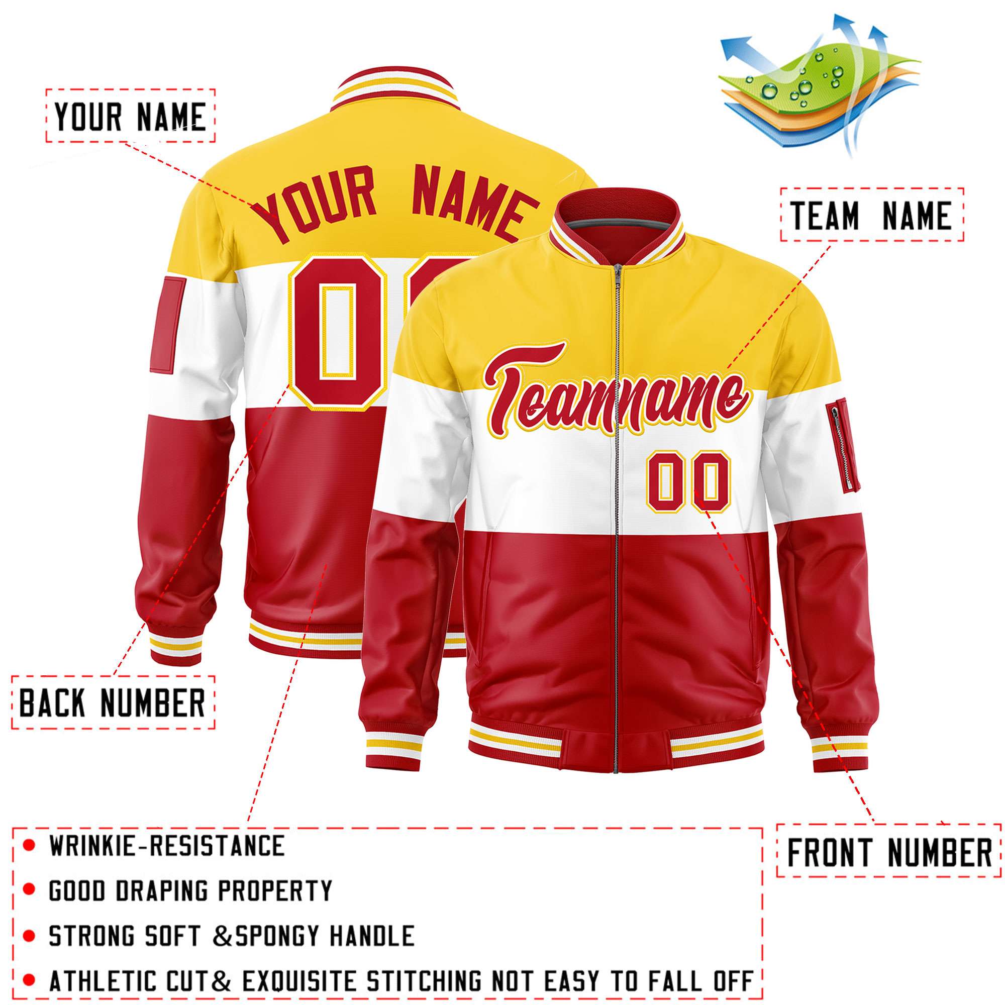 Custom Gold White-Red Varsity Full-Zip Color Block Letterman Bomber Jacket