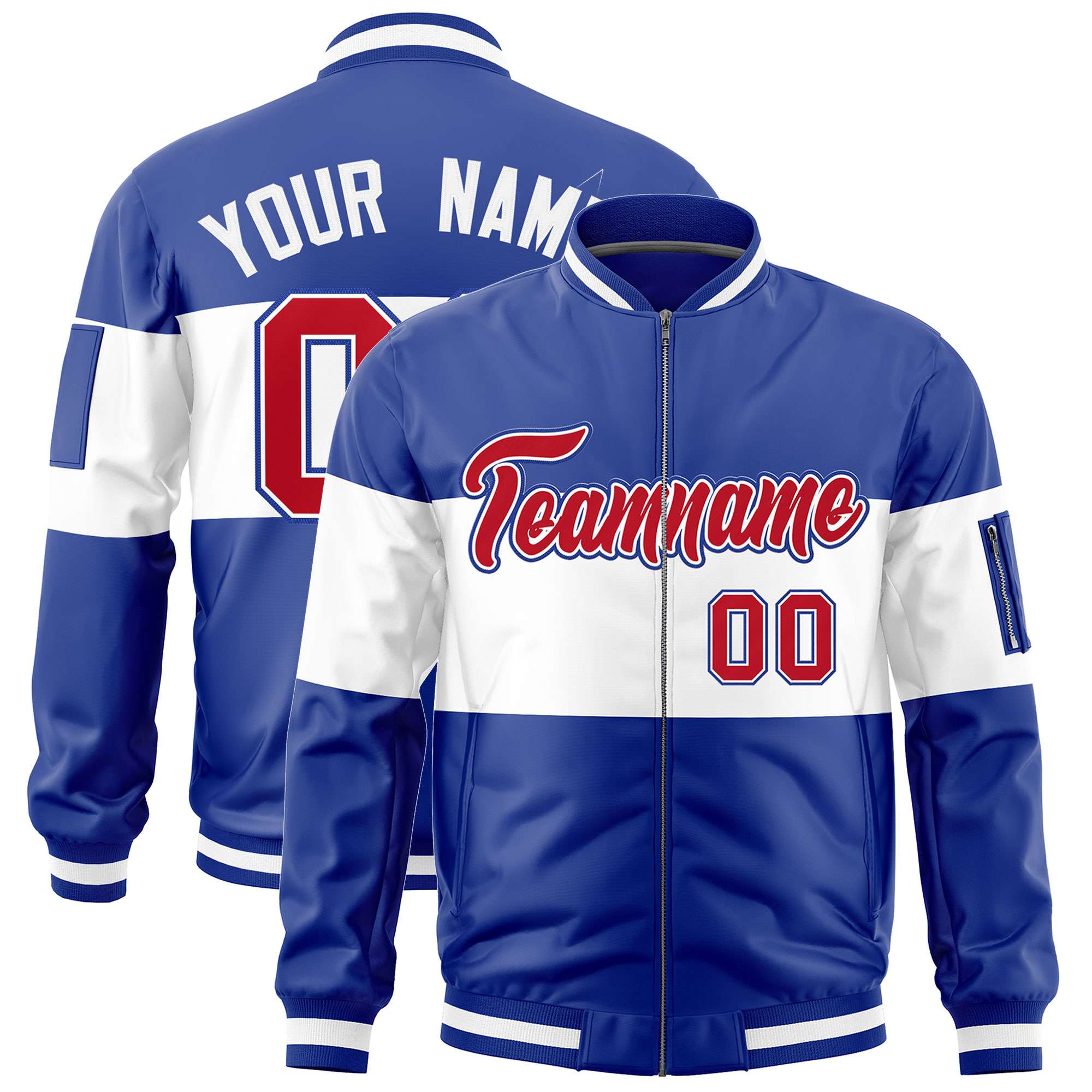 Custom Royal White-Royal Varsity Full-Zip Color Block Letterman Bomber Jacket