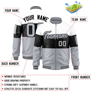 Custom White Black-Silver Varsity Full-Zip Color Block Letterman Bomber Jacket