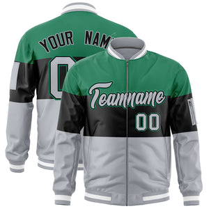 Custom Kelly Green Black-Silver Varsity Full-Zip Color Block Letterman Bomber Jacket