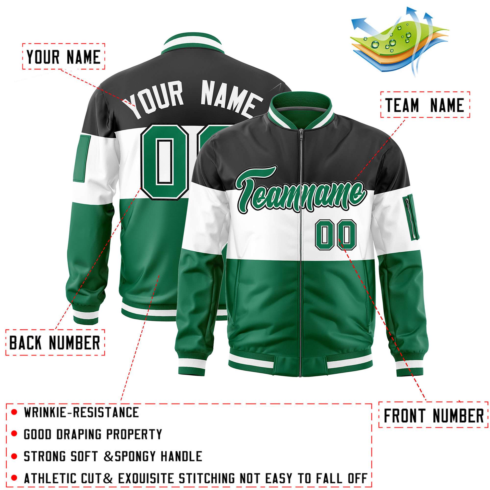 Custom Black White-Kelly Green Varsity Full-Zip Color Block Letterman Bomber Jacket