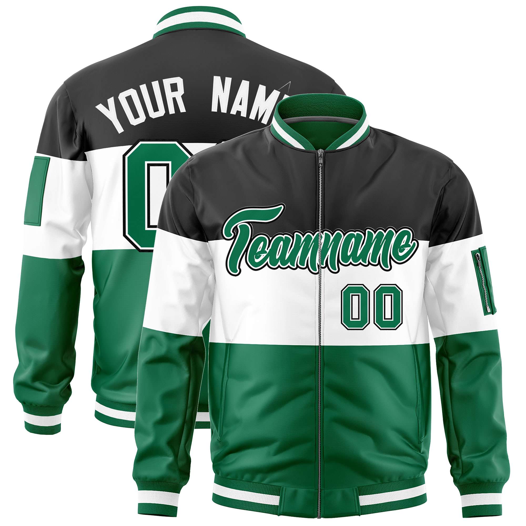 Custom Black White-Kelly Green Varsity Full-Zip Color Block Letterman Bomber Jacket