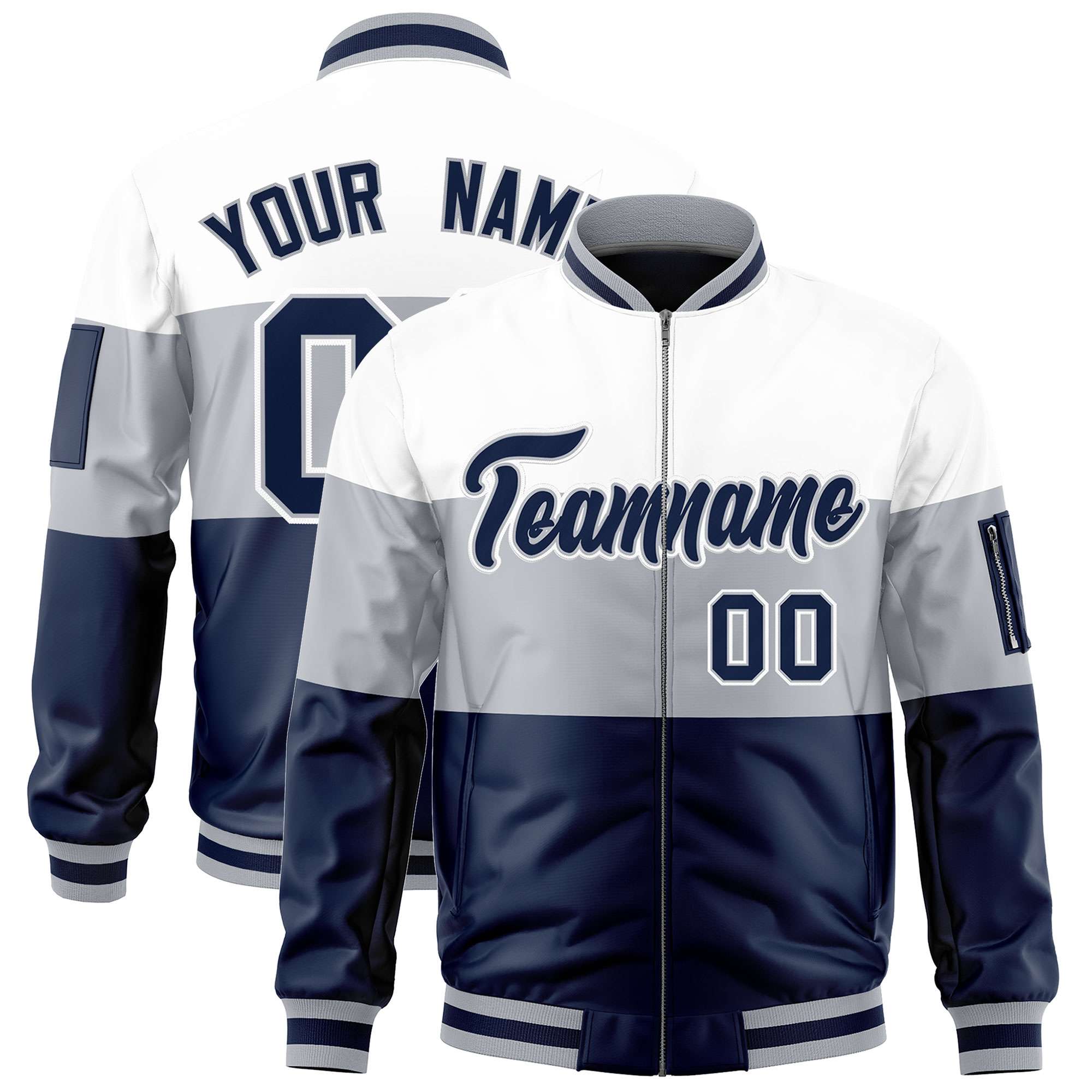 Custom White Silver-Navy Varsity Full-Zip Color Block Letterman Bomber Jacket