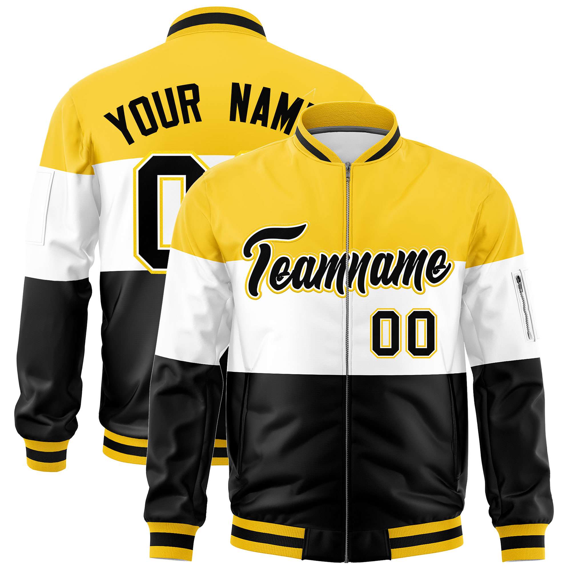 Custom Gold White-Black Varsity Full-Zip Color Block Letterman Bomber Jacket