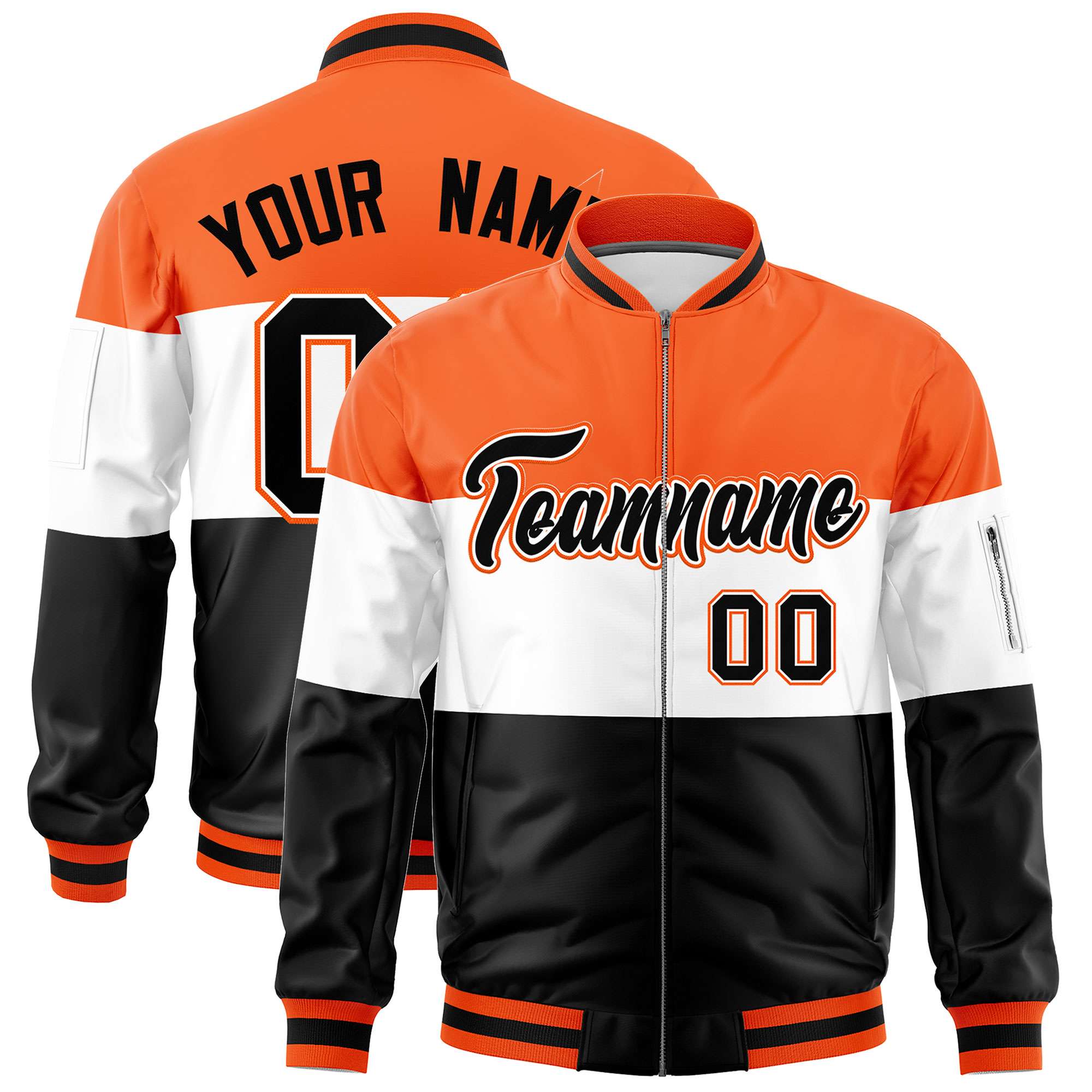 Custom Orange White-Black Varsity Full-Zip Color Block Letterman Bomber Jacket