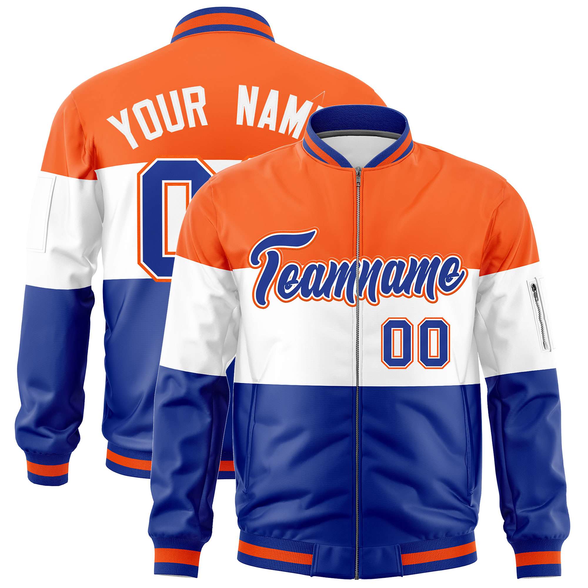 Custom Orange White-Royal Varsity Full-Zip Color Block Letterman Bomber Jacket