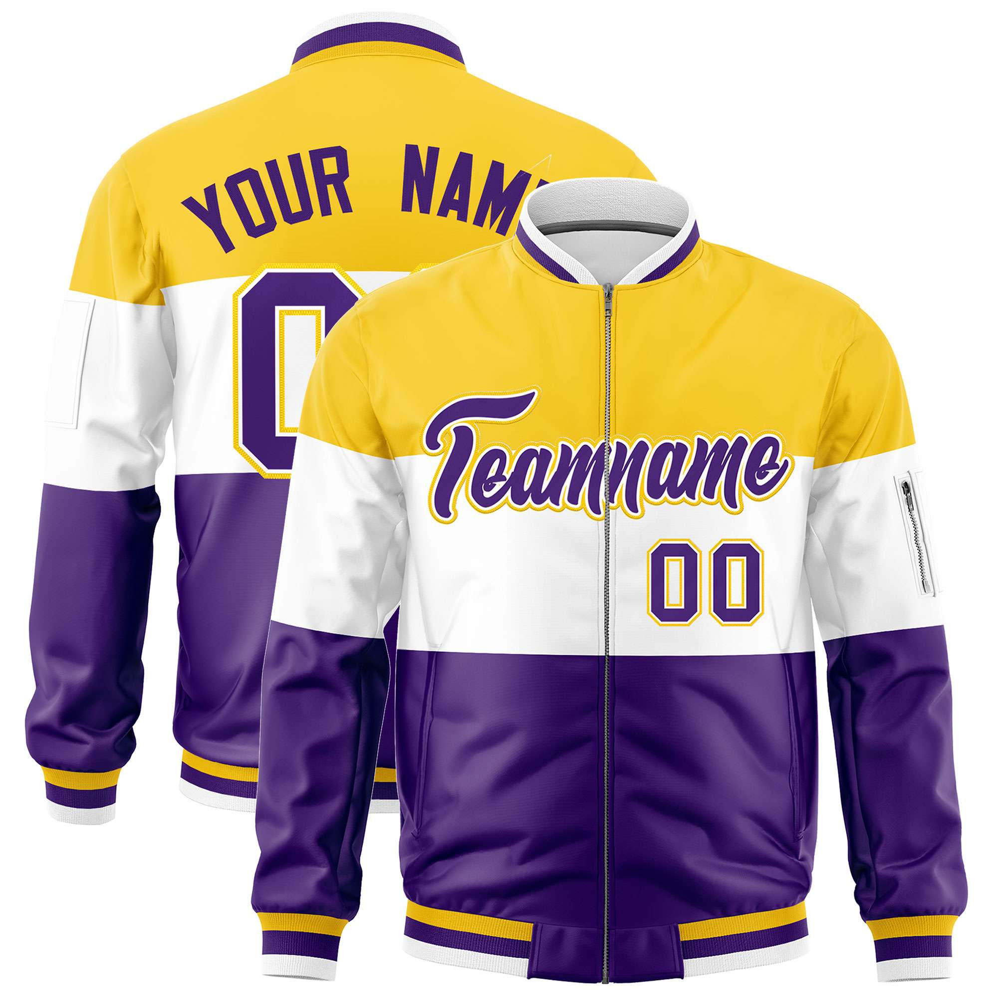 Custom Gold White-Purple Varsity Full-Zip Color Block Letterman Bomber Jacket