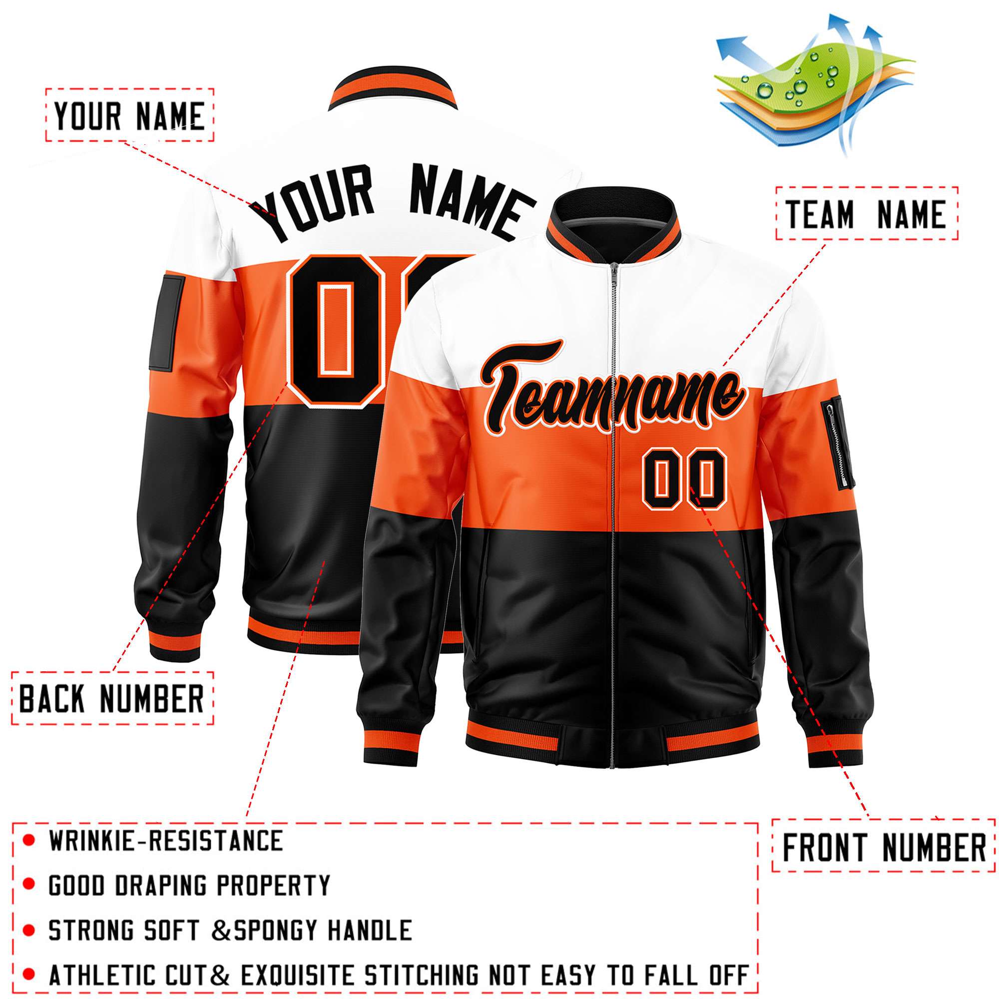 Custom White Orange-Black Varsity Full-Zip Color Block Letterman Bomber Jacket