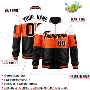 Custom White Orange-Black Varsity Full-Zip Color Block Letterman Bomber Jacket