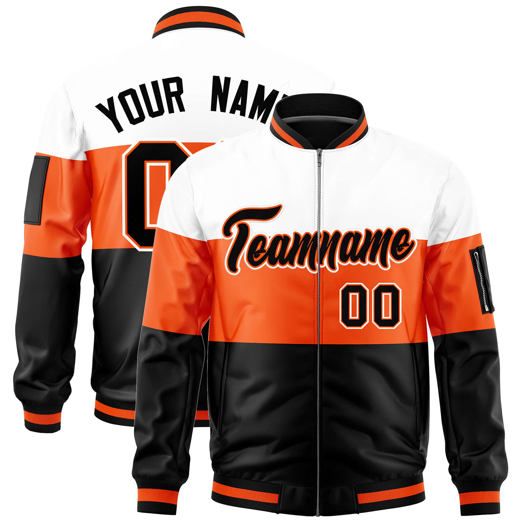 Custom White Orange-Black Varsity Full-Zip Color Block Letterman Bomber Jacket