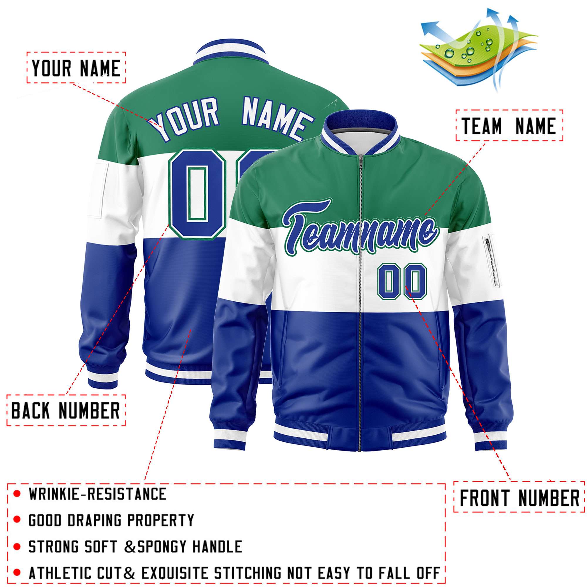 Custom Kelly Green White-Royal Varsity Full-Zip Color Block Letterman Bomber Jacket