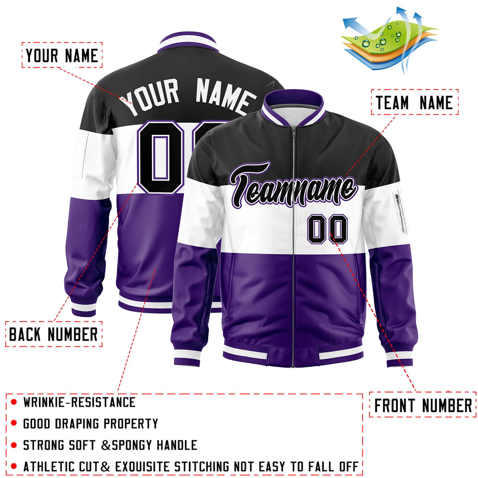 Custom Black White-Purple Varsity Full-Zip Color Block Letterman Bomber Jacket