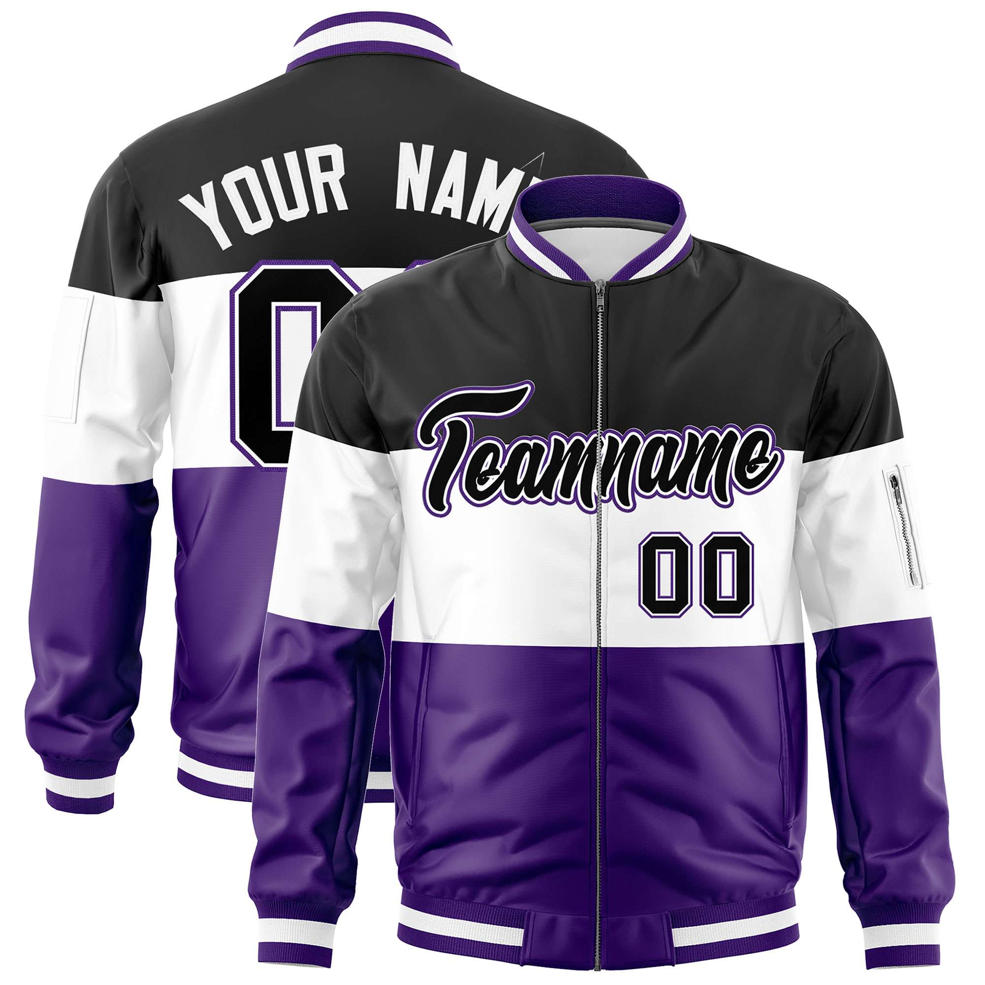 Custom Black White-Purple Varsity Full-Zip Color Block Letterman Bomber Jacket