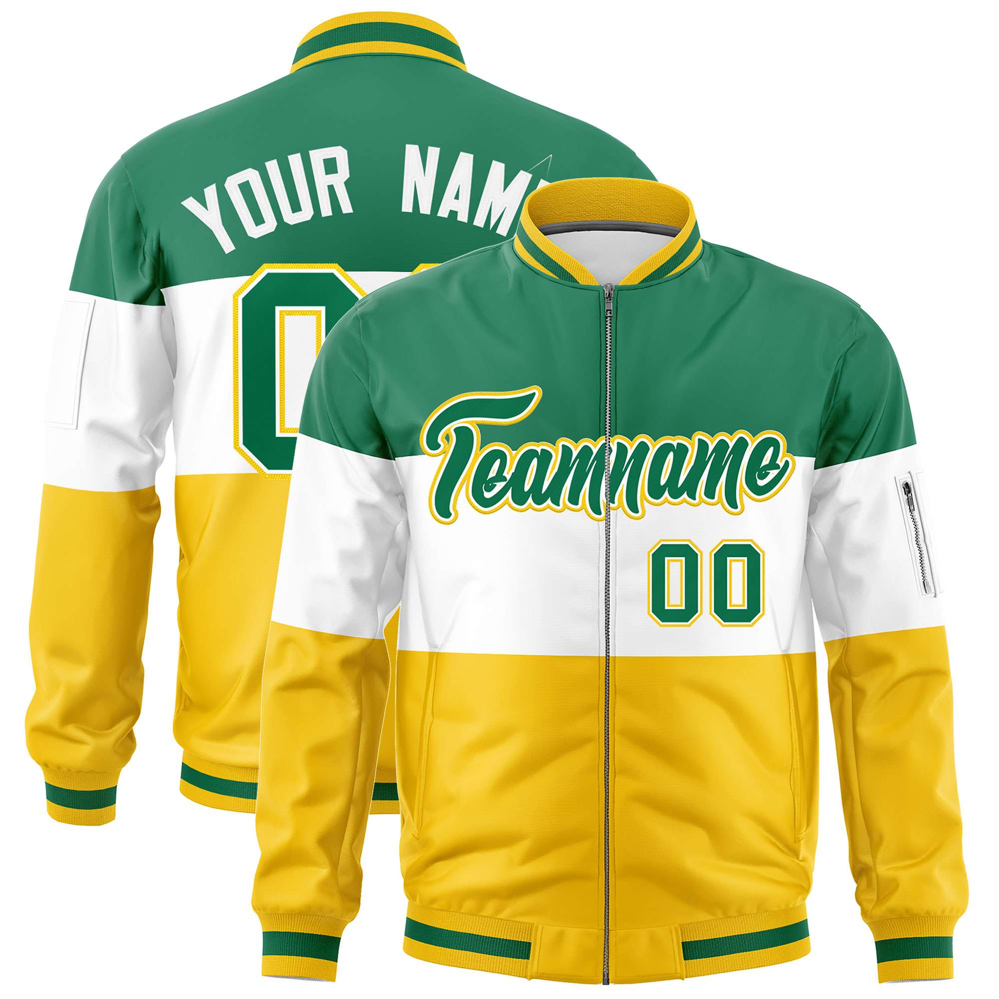 Custom Kelly Green White-Gold Varsity Full-Zip Color Block Letterman Bomber Jacket