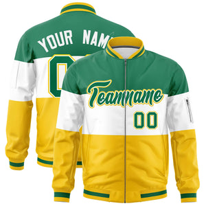 Custom Kelly Green White-Gold Varsity Full-Zip Color Block Letterman Bomber Jacket