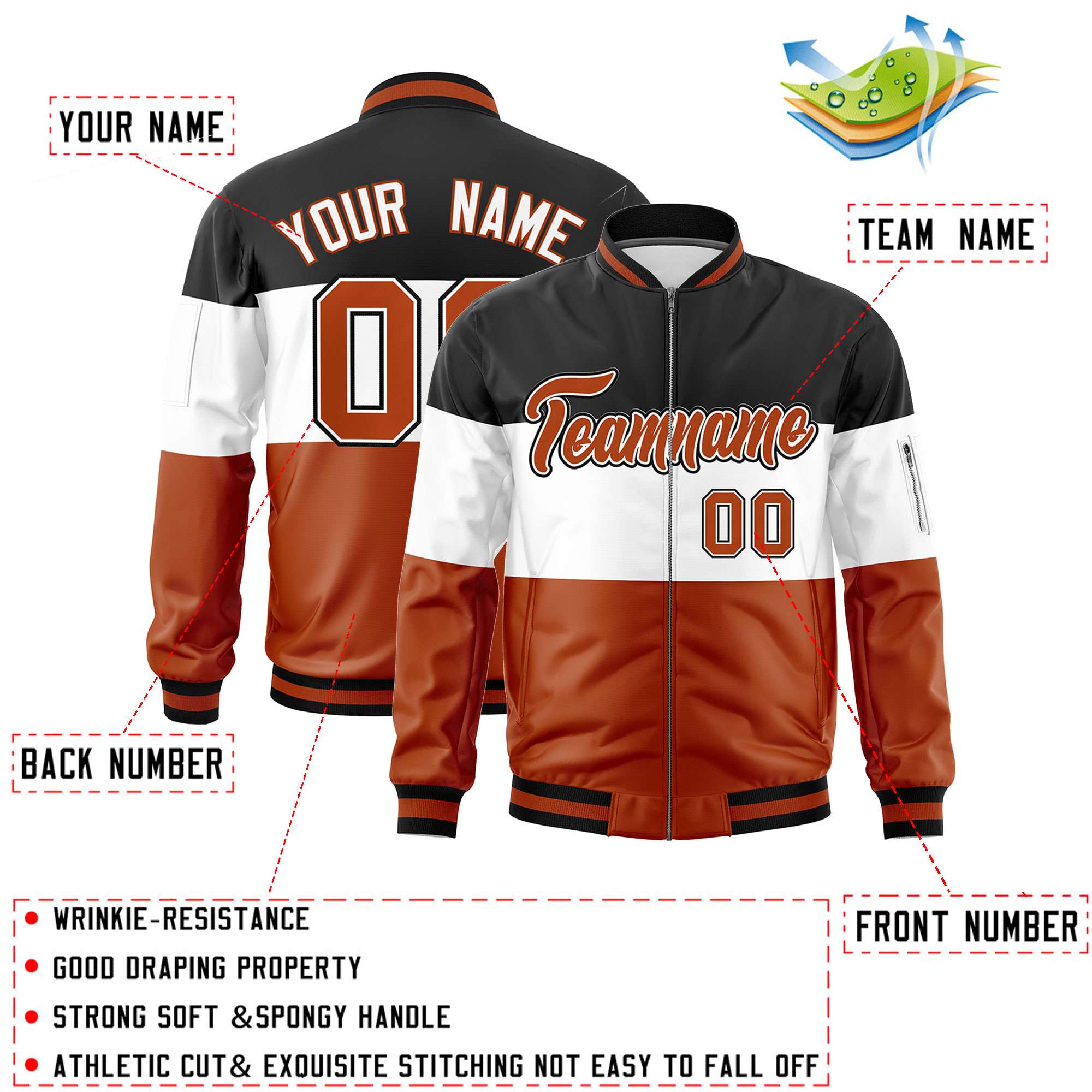 Custom Black White-Texas Orange Varsity Full-Zip Color Block Letterman Bomber Jacket