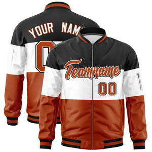 Custom Black White-Texas Orange Varsity Full-Zip Color Block Letterman Bomber Jacket