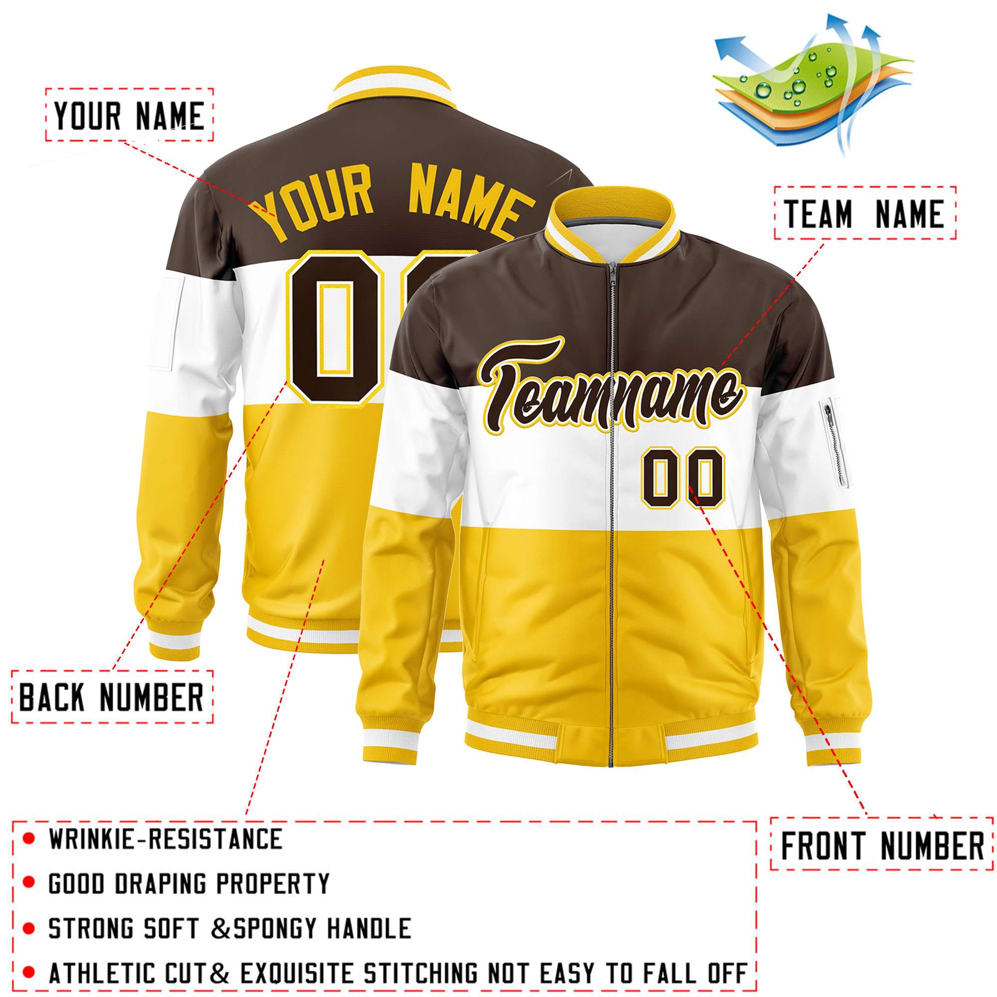 Custom Brown White-Gold Varsity Full-Zip Color Block Letterman Bomber Jacket