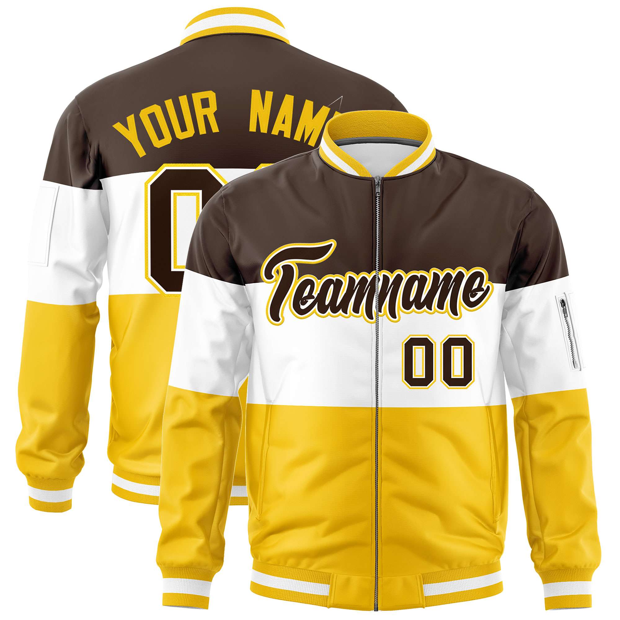 Custom Brown White-Gold Varsity Full-Zip Color Block Letterman Bomber Jacket