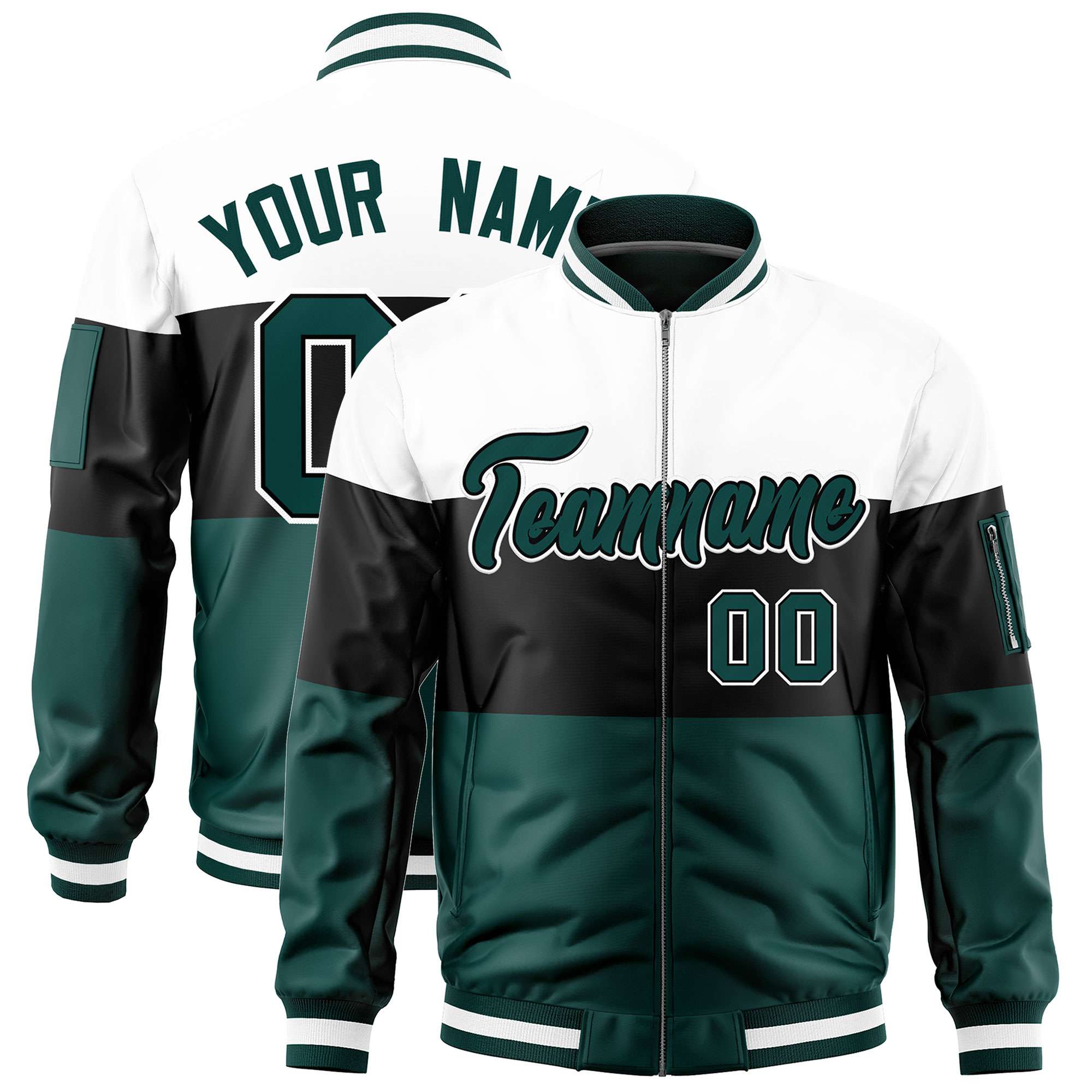 Custom White Black-Midnight Green Varsity Full-Zip Color Block Letterman Bomber Jacket