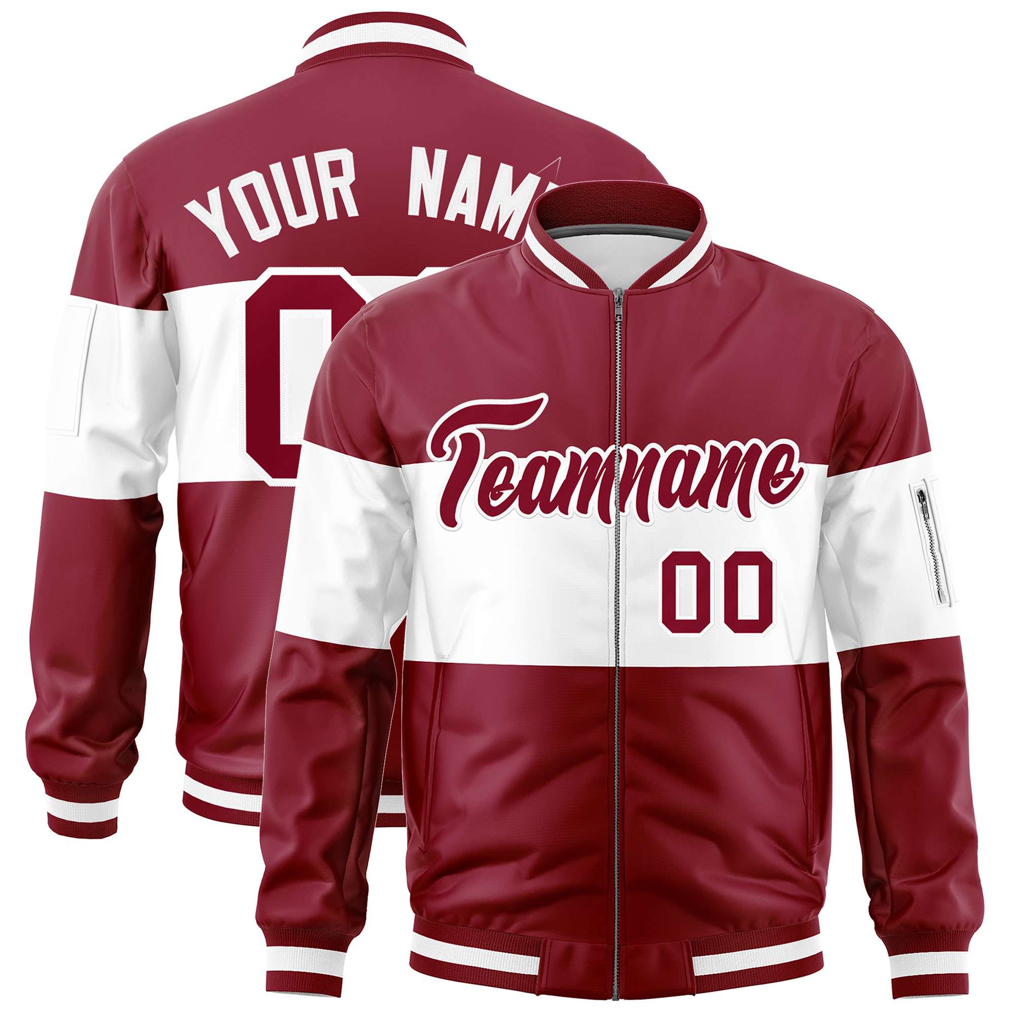 Custom Crimson White-Crimson Varsity Full-Zip Color Block Letterman Bomber Jacket