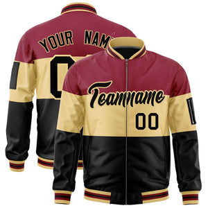 Custom Crimson Khaki-Black Varsity Full-Zip Color Block Letterman Bomber Jacket