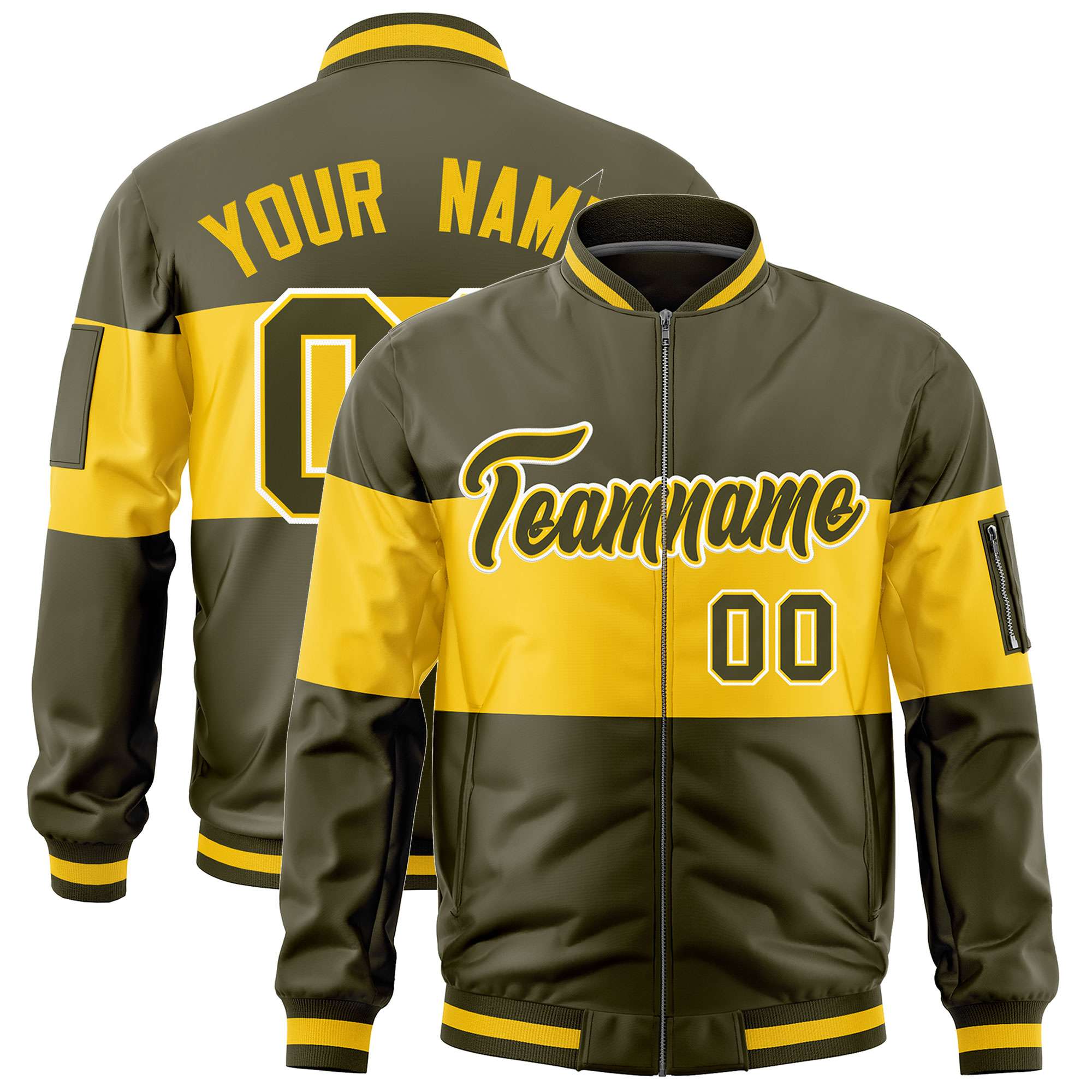 Custom Olive Gold-Olive Varsity Full-Zip Color Block Letterman Bomber Jacket