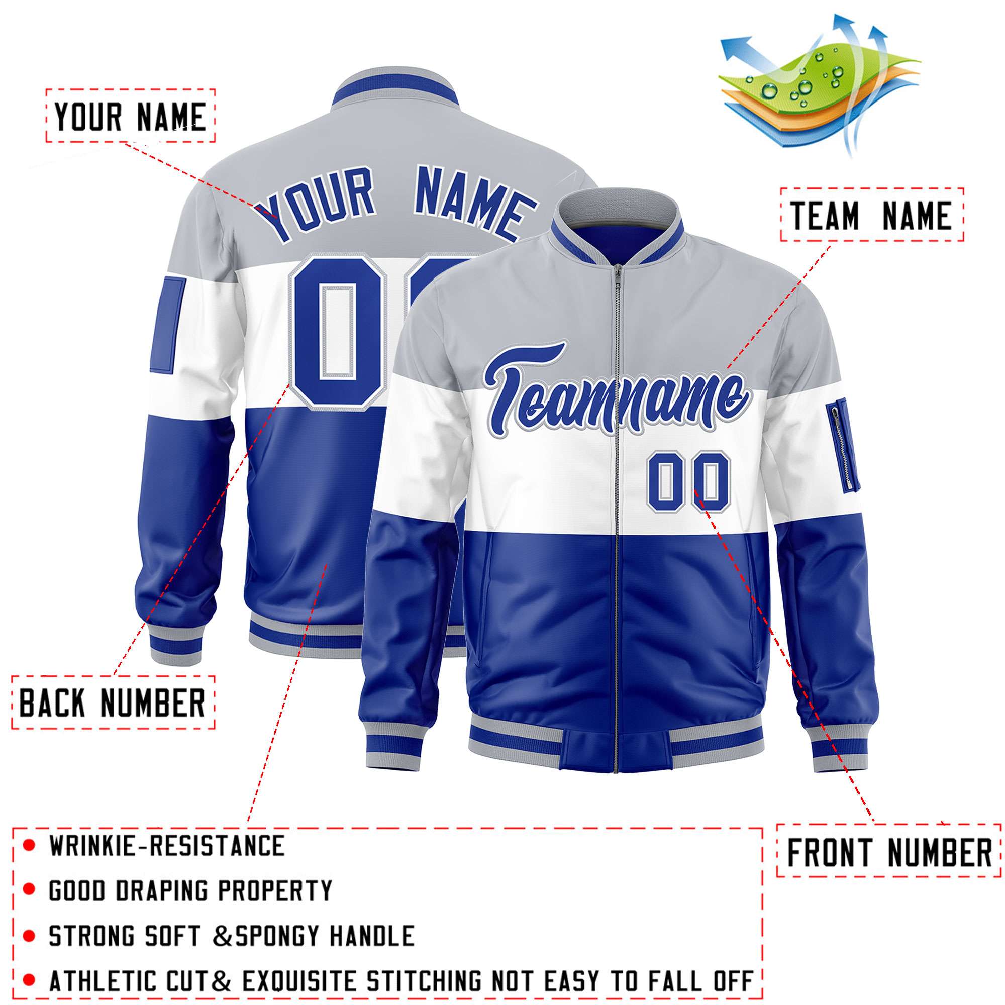 Custom Silver White-Royal Varsity Full-Zip Color Block Letterman Bomber Jacket