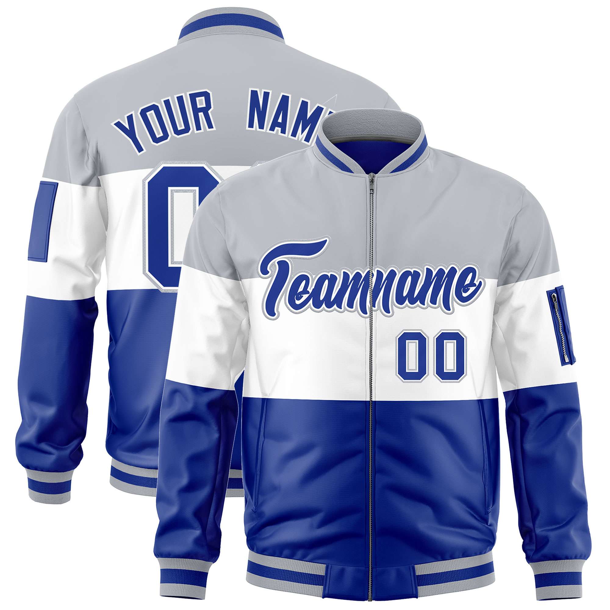 Custom Silver White-Royal Varsity Full-Zip Color Block Letterman Bomber Jacket