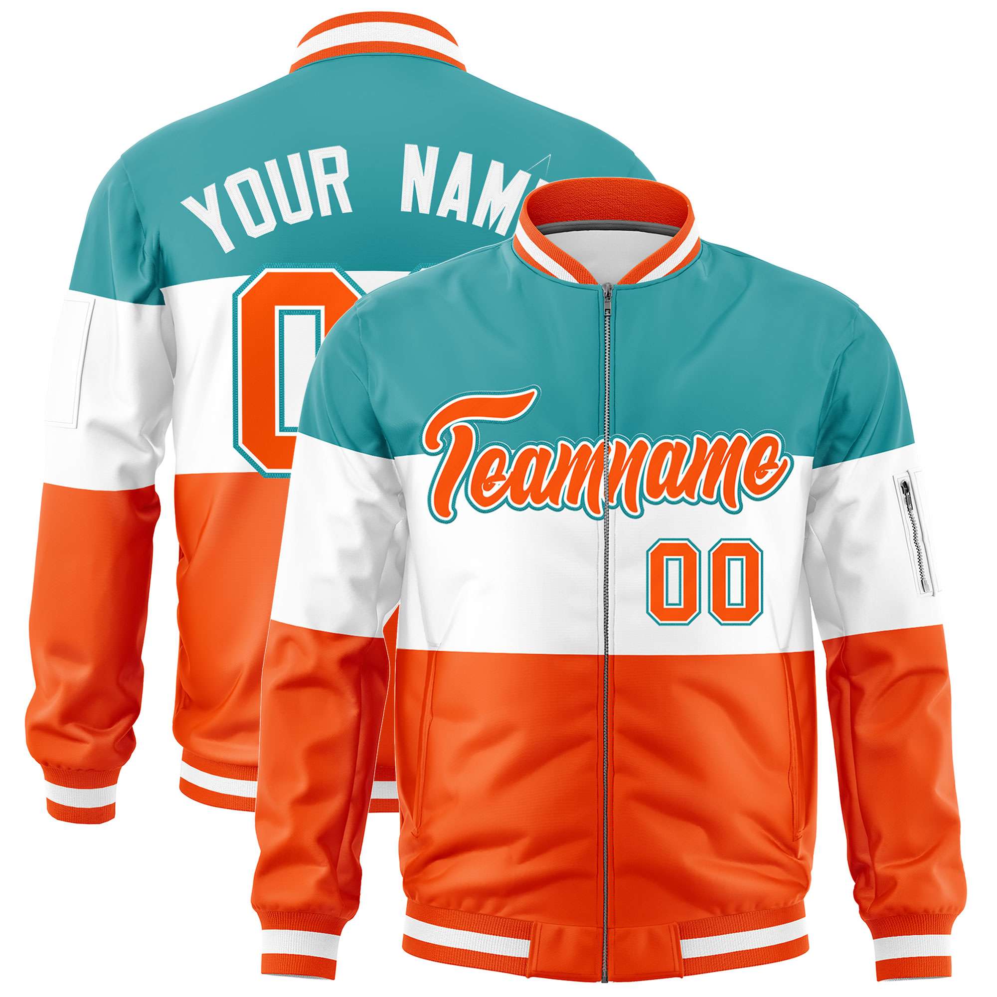 Custom Aqua White-Orange Varsity Full-Zip Color Block Letterman Bomber Jacket