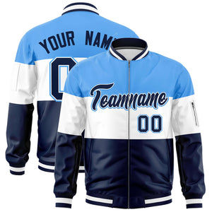 Custom Powder Blue White-Navy Varsity Full-Zip Color Block Letterman Bomber Jacket