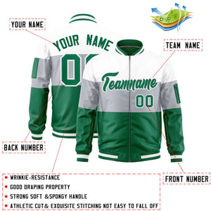 Custom White Silver-Kelly Green Varsity Full-Zip Color Block Letterman Bomber Jacket