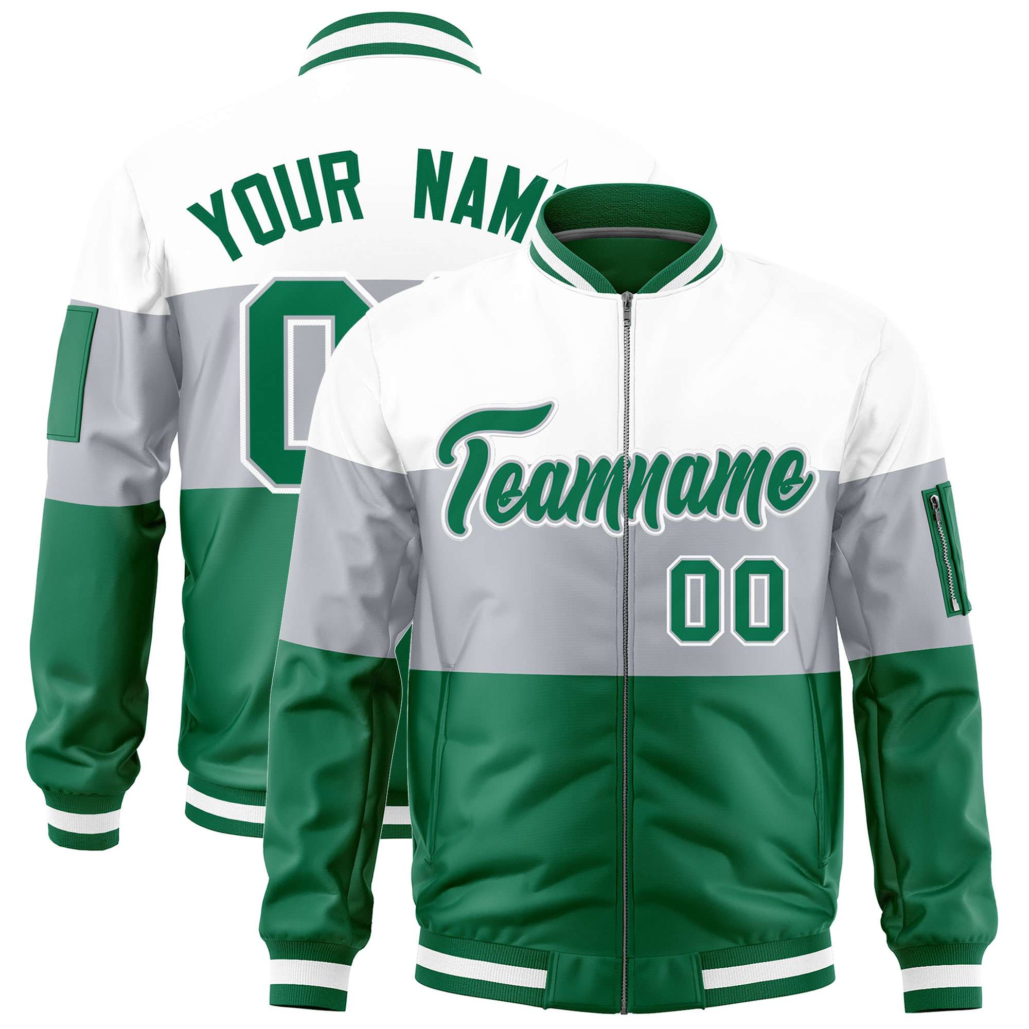 Custom White Silver-Kelly Green Varsity Full-Zip Color Block Letterman Bomber Jacket