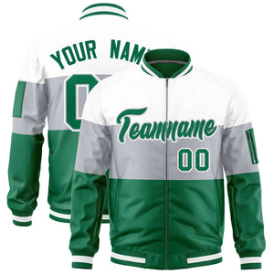 Custom White Silver-Kelly Green Varsity Full-Zip Color Block Letterman Bomber Jacket