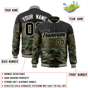 Custom Black Olive-Camo Varsity Full-Zip Color Block Letterman Bomber Jacket