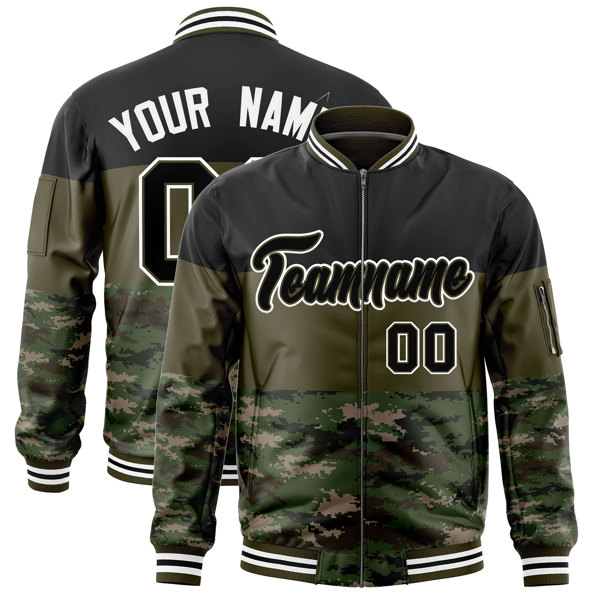 Custom Black Olive-Camo Varsity Full-Zip Color Block Letterman Bomber Jacket