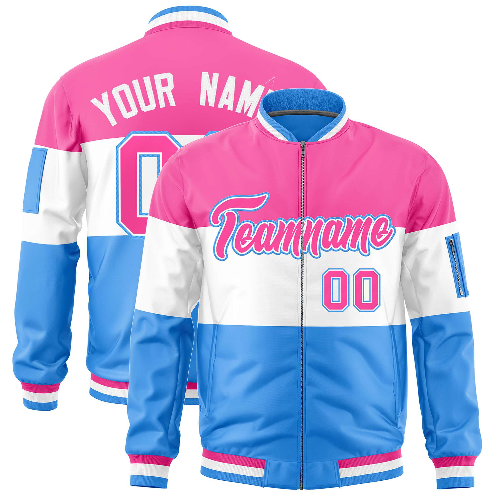 Custom Pink White-Powder Blue Varsity Full-Zip Color Block Letterman Bomber Jacket