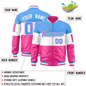 Custom Powder Blue White-Pink Varsity Full-Zip Color Block Letterman Bomber Jacket