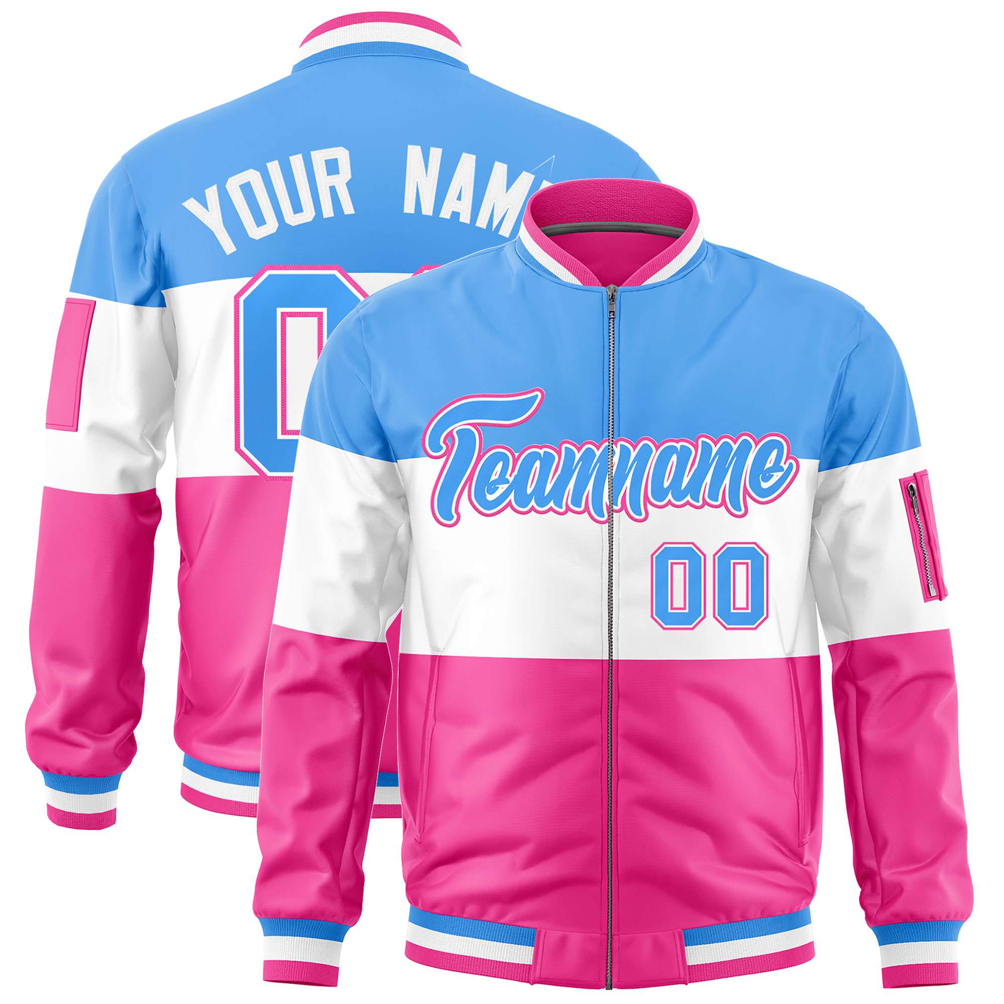 Custom Powder Blue White-Pink Varsity Full-Zip Color Block Letterman Bomber Jacket